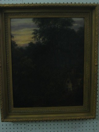 An 18th/19th Century oil on canvas "Rural Scene with Cottage by River" 17" x 13", the reverse marked scene near Packington