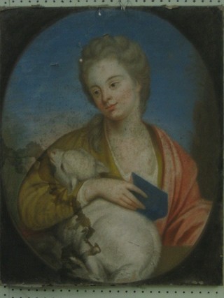 An 18th/19th Century gouache drawing "Young Lady with Lamb" 24" x 19" (unframed, holed and some damage)