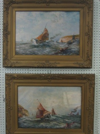 A pair of 19th Century oils on card "Sailing Ships of Shore" 12" x 18"