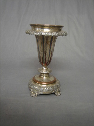 A Victorian silver plated trumpet shaped vase, raised on a circular foot with pierced panelled supports, 13"