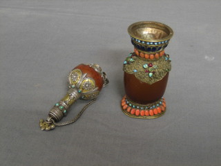 An amber scent bottle decorated with silver and turquoise  together with an unusual matching scent bottle with jewelled decoration 5"