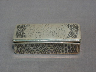 A 19th Century Continental silver snuff box with hinged lid and Niello decoration 3" (split to back)