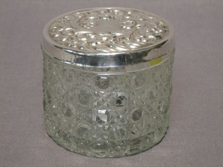 A circular hobnail cut dressing table jar with embossed white metal lid 3"