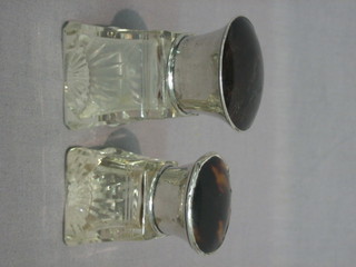 A square cut glass salt bottle with silver and tortoiseshell lid, Birmingham 1923 3" and 1 other 2"