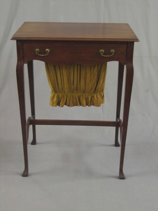 An Edwardian rectangular work table fitted a drawer and deep basket, raised on square supports with H framed stretcher 21"