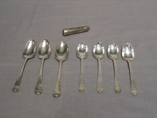 3 Georgian Old English pattern silver picture back teaspoons, 4 Victorian silver spoons, Newcastle 1881 and a silver cased cigar holder