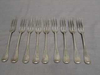 9 silver fiddle pattern 3 pronged pudding forks, Sheffield 1927, 14 ozs