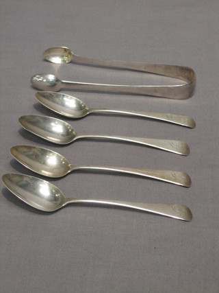 4 George III silver Old English pattern teaspoons, Newcastle 1825 and a pair of matching tongs 3 ozs