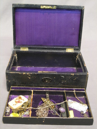 A Victorian black leather dome shaped jewellery box containing a collection of costume jewellery