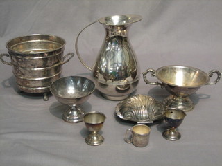 A silver plated jug 8", twin handled jardiniere and other items of plate etc