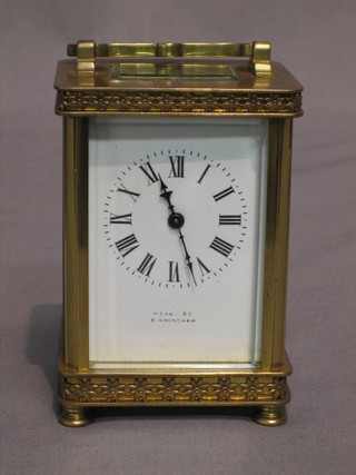 A 19th Century French carriage clock with enamelled dial and Roman numerals, the dial marked G Heames Birmingham (with replacement platform)