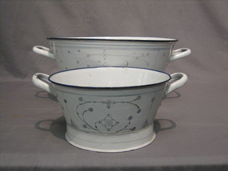 A French blue and white enamelled twin handled sieve 10" and a matching bowl 15"