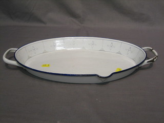A French blue and white enamelled oval twin handled lipped dish 15"