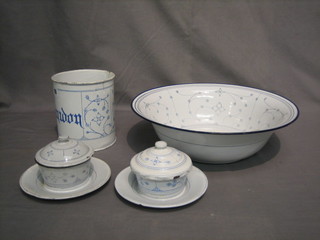 A circular French blue and white enamelled storage jar marked Amwon, 2 circular soap dishes and covers 7" and a matching bowl 15"