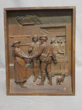 A German carved panel depicting an interior scene with huntsman and lady, monogrammed TS 14" x 11"