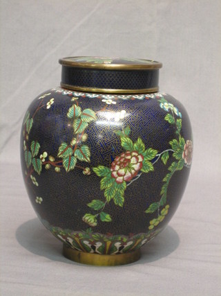 A 20th Century blue ground and floral pattern cloisonne ginger jar and cover 10"