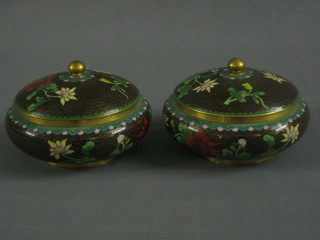 A pair of 20th Century circular brown ground cloisonne jars and covers with floral decoration 6"