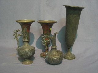 A pair of Benares brass trumpet shaped vases 9", a pair of bellows and other items of Eastern brassware