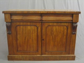 A Victorian bleach mahogany chiffonier fitted 2 drawers above a double cupboard, raised on a platform base 48"