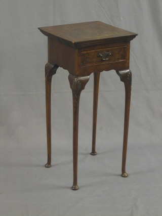 A Queen Anne style square mahogany occasional table, fitted a drawer and raised on cabriole supports 14"