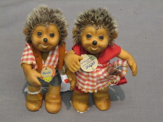 2 small rubber Steiff teddybears in the form of boy and girl hedgehog, 5"