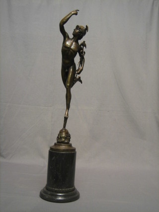 After the antique, a modern bronze figure of Mercury raised on a marble base 20"