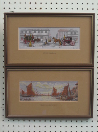 A woven picture of a "Street Scene 1842" and 1 other "Thames Barges 1870" 3" x 8"