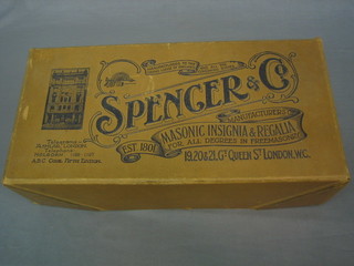 A cardboard box marked Spencer & Co Masonic Insignia and Regalia 1920 and 21 Great Queen Street, London