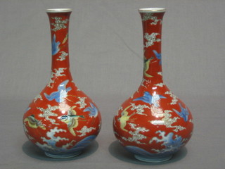 A pair of Japanese porcelain club shaped vases decorated birds 5" (1 f and r)