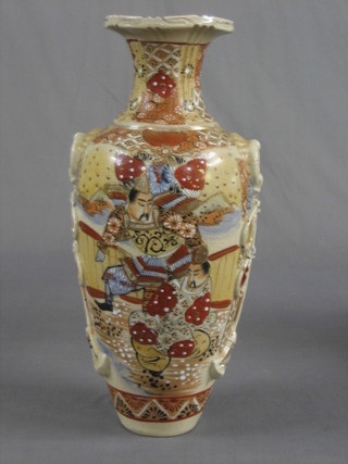 A late 19th Century Japanese Satsuma porcelain vase of club form decorated warriors, base with signature mark 15"