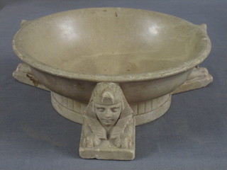 A 1930's circular pottery bowl supported by 3 sphinx (chip to rim) 9", a pair of Celadon ground Art Pottery vases of tapering form 8" (1f) and 3 19th Century green glass finger bowls