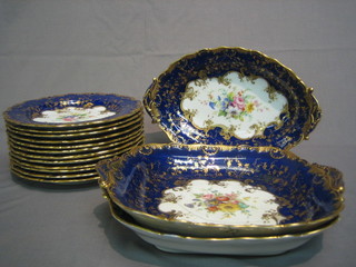 A handsome 15 piece Royal Worcester dessert service comprising twin handled boat shaped dish 11", 2 square dishes 10" (1 cracked), 12 circular dishes (1 cracked?), the reverse with purple Royal Worcester mark, 8 dots and RD no. 312290