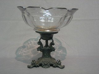 A moulded glass bowl tazza raised on a Britannia metal base with sea horse decoration 9"