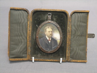 H Everard Winter, a watercolour portrait miniature on ivory "Bearded Gentleman" 2" contained in a leather travelling case