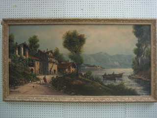 Italian School, oil on canvas "Lake with Mountains in Distance, House and Fishing Boats, indistinctly signed 33" x 47"