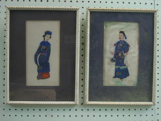 2 19th Century Oriental watercolour's on rice paper "Standing Figures" 8" x 4"