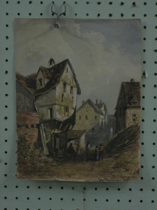 19th Century Continental watercolour "Building and Figures by a Lane" 10" x 8" unframed