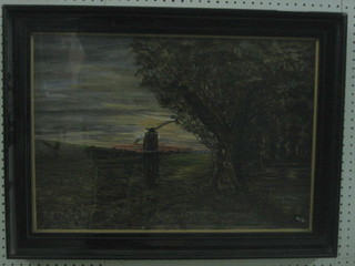20th Century naive school, oil painting on board "Farmer Returning Home at Dusk" 16" x 23"
