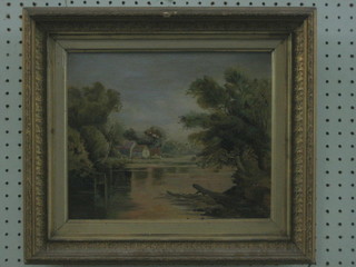 A 19th Century oil on canvas "Rural Scene with Pond and Building" 9" x 11"
