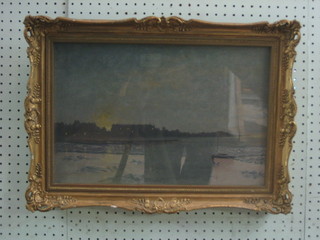 H L Shepherd, oil on board "Moonlit Study of an Estuary with Sailing Boat" signed and dated 1921 11" x 17"