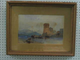 19th Century watercolour "Castle by a Bay with Figures" 8" x 12"
