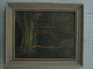 A 1930's oil on board "Two Figures Standing in Wooded Area" 19" x 15" the reverse painted a still life study "Vase"
