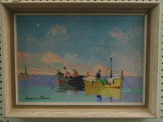 Doyly John, oil painting on canvas "Fishermen of the Coast of Beaulieu" 10" x 14" signed, label to reverse (some paint loss)