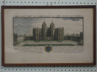 An 18th Century coloured print "The East View of Esher-Paris in the County of Surrey" dated 1737, 7" x 14"