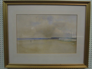 Leopold Rivers, watercolour drawing "Shore Scene at Low Tide with Cliffs and Harbour in Distance" 13" x 21"