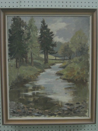 E M de Brett, 20th Century oil on canvas "River Scene with Bridge" 19" x 16"