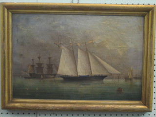 A 19th Century oil on canvas marine study "Clipper with Boats in Distance", indistinctly signed and dated 1856, some paint loss 11" x 17"