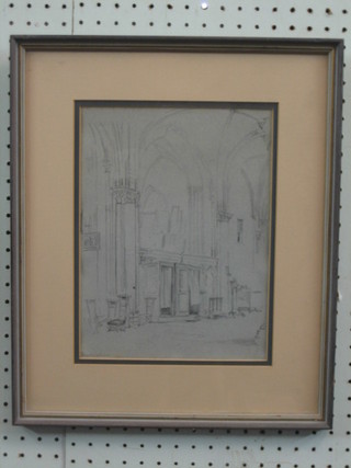 Robert Kent Thomas, pencil drawing "Bayeux Cathedral, Interior Scene" 10" x 8"