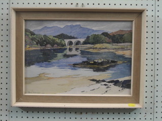 Paul Redmayne, watercolour drawing "Moorland Scene with River, Bridge and Mountains in Distance" 10" x 14"