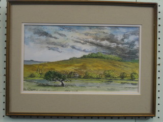 Impressionist watercolour "Downland Landscape", indistinctly signed 7" x 12"